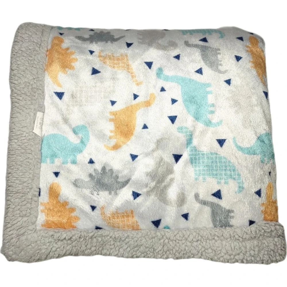 Dinosaur Baby Boy Blanket Gray Sherpa Aqua Orange Navy‎ Triangle Lovey Soft